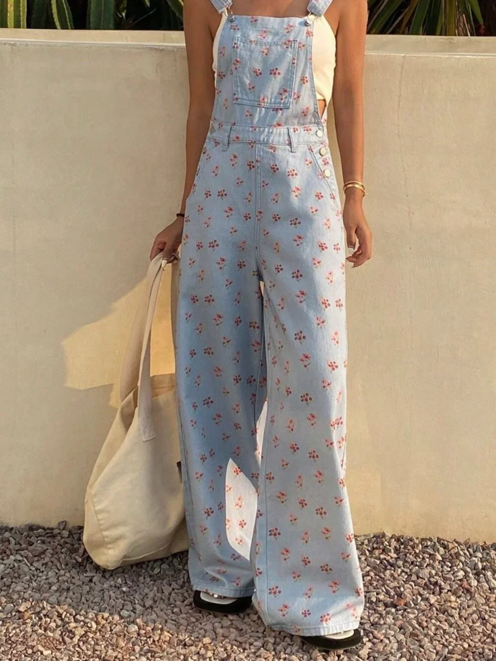 Blue Casual Women's Ditsy Floral Fitted Denim Jumpsuit